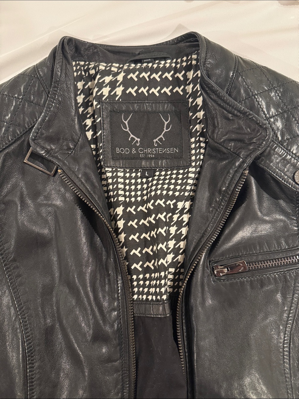 Anthropologie Black Leather Moto Jacket with Houndstooth Lining